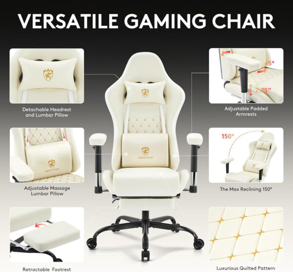 Gaming Chair Breathable Fabric,Computer Office Chair with Footrest,Massage Lumbar Support and Gel Pad,Ergonomic Reclining Gamer Chair with Adjustable Armrests and Spring Cushion Beige