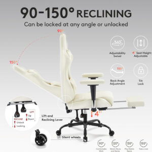 Gaming Chair Breathable Fabric,Computer Office Chair with Footrest,Massage Lumbar Support and Gel Pad,Ergonomic Reclining Gamer Chair with Adjustable Armrests and Spring Cushion Beige