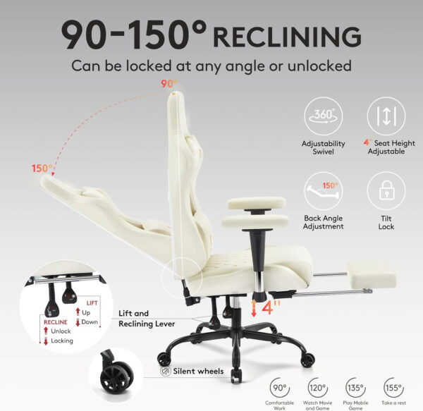 Gaming Chair Breathable Fabric,Computer Office Chair with Footrest,Massage Lumbar Support and Gel Pad,Ergonomic Reclining Gamer Chair with Adjustable Armrests and Spring Cushion Beige