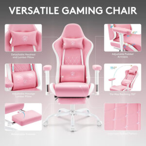 Gaming Chair Breathable Fabric,Computer Office Chair with Footrest,Massage Lumbar Support and Gel Pad,Ergonomic Reclining Gamer Chair with Adjustable Armrests and Spring Cushion Beige
