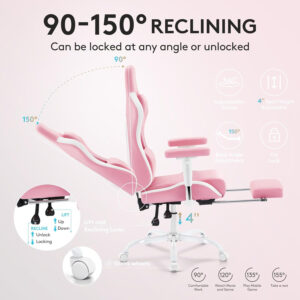Gaming Chair Breathable Fabric,Computer Office Chair with Footrest,Massage Lumbar Support and Gel Pad,Ergonomic Reclining Gamer Chair with Adjustable Armrests and Spring Cushion Beige