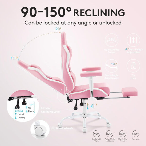 Gaming Chair Breathable Fabric,Computer Office Chair with Footrest,Massage Lumbar Support and Gel Pad,Ergonomic Reclining Gamer Chair with Adjustable Armrests and Spring Cushion Beige