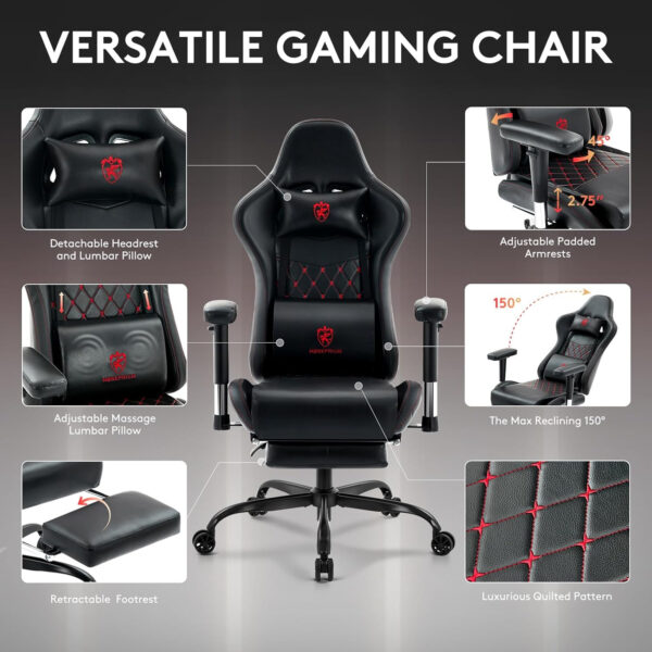 Gaming Chair Breathable Fabric,Computer Office Chair with Footrest,Massage Lumbar Support and Gel Pad,Ergonomic Reclining Gamer Chair with Adjustable Armrests and Spring Cushion Beige