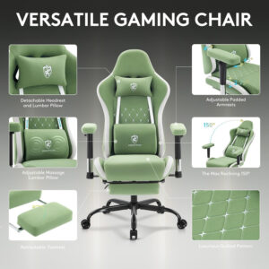 Gaming Chair Breathable Fabric,Computer Office Chair with Footrest,Massage Lumbar Support and Gel Pad,Ergonomic Reclining Gamer Chair with Adjustable Armrests and Spring Cushion Beige