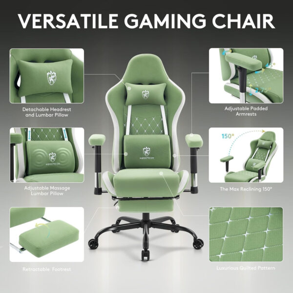 Gaming Chair Breathable Fabric,Computer Office Chair with Footrest,Massage Lumbar Support and Gel Pad,Ergonomic Reclining Gamer Chair with Adjustable Armrests and Spring Cushion Beige