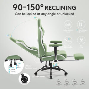 Gaming Chair Breathable Fabric,Computer Office Chair with Footrest,Massage Lumbar Support and Gel Pad,Ergonomic Reclining Gamer Chair with Adjustable Armrests and Spring Cushion Beige