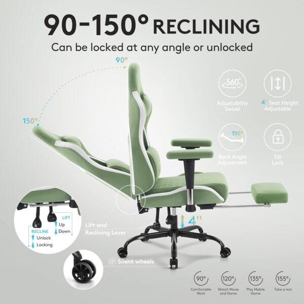 Gaming Chair Breathable Fabric,Computer Office Chair with Footrest,Massage Lumbar Support and Gel Pad,Ergonomic Reclining Gamer Chair with Adjustable Armrests and Spring Cushion Beige