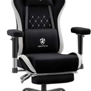 Gaming Chair Breathable Fabric,Computer Office Chair with Footrest,Massage Lumbar Support and Gel Pad,Ergonomic Reclining Gamer Chair with Adjustable Armrests and Spring Cushion Beige