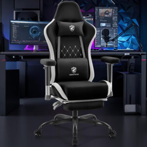 Gaming Chair Breathable Fabric,Computer Office Chair with Footrest,Massage Lumbar Support and Gel Pad,Ergonomic Reclining Gamer Chair with Adjustable Armrests and Spring Cushion Beige