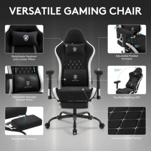 Gaming Chair Breathable Fabric,Computer Office Chair with Footrest,Massage Lumbar Support and Gel Pad,Ergonomic Reclining Gamer Chair with Adjustable Armrests and Spring Cushion Beige