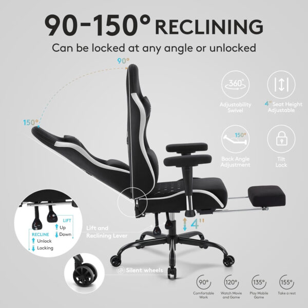 Gaming Chair Breathable Fabric,Computer Office Chair with Footrest,Massage Lumbar Support and Gel Pad,Ergonomic Reclining Gamer Chair with Adjustable Armrests and Spring Cushion Beige