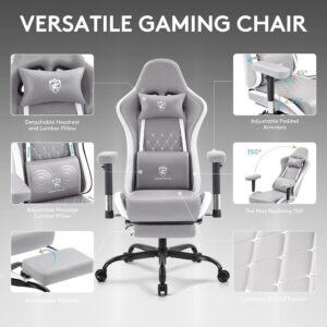 Gaming Chair Breathable Fabric,Computer Office Chair with Footrest,Massage Lumbar Support and Gel Pad,Ergonomic Reclining Gamer Chair with Adjustable Armrests and Spring Cushion Beige