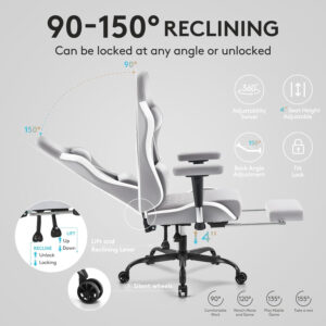 Gaming Chair Breathable Fabric,Computer Office Chair with Footrest,Massage Lumbar Support and Gel Pad,Ergonomic Reclining Gamer Chair with Adjustable Armrests and Spring Cushion Beige