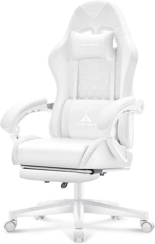 White Gaming Chair,Ergonomic Massage Computer Office Desk Chair with Footrest,Pocket Spring Cushion,Reclining Leather Adjustable Gamer Chair with Headrest and Lumbar Support,White