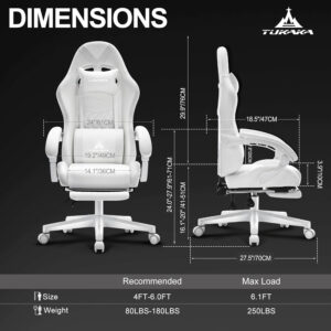 White Gaming Chair,Ergonomic Massage Computer Office Desk Chair with Footrest,Pocket Spring Cushion,Reclining Leather Adjustable Gamer Chair with Headrest and Lumbar Support,White