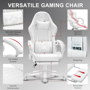 White Gaming Chair,Ergonomic Massage Computer Office Desk Chair with Footrest,Pocket Spring Cushion,Reclining Leather Adjustable Gamer Chair with Headrest and Lumbar Support,White