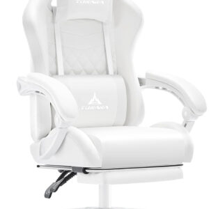 White Gaming Chair,Ergonomic Massage Computer Office Desk Chair with Footrest,Pocket Spring Cushion,Reclining Leather Adjustable Gamer Chair with Headrest and Lumbar Support,White