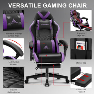 White Gaming Chair,Ergonomic Massage Computer Office Desk Chair with Footrest,Pocket Spring Cushion,Reclining Leather Adjustable Gamer Chair with Headrest and Lumbar Support,White