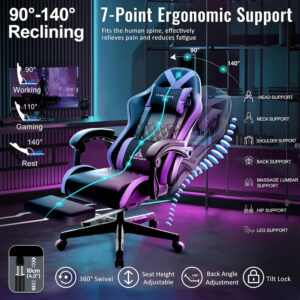 White Gaming Chair,Ergonomic Massage Computer Office Desk Chair with Footrest,Pocket Spring Cushion,Reclining Leather Adjustable Gamer Chair with Headrest and Lumbar Support,White