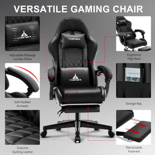 White Gaming Chair,Ergonomic Massage Computer Office Desk Chair with Footrest,Pocket Spring Cushion,Reclining Leather Adjustable Gamer Chair with Headrest and Lumbar Support,White