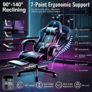 White Gaming Chair,Ergonomic Massage Computer Office Desk Chair with Footrest,Pocket Spring Cushion,Reclining Leather Adjustable Gamer Chair with Headrest and Lumbar Support,White