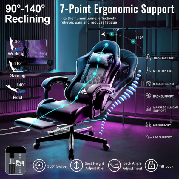 White Gaming Chair,Ergonomic Massage Computer Office Desk Chair with Footrest,Pocket Spring Cushion,Reclining Leather Adjustable Gamer Chair with Headrest and Lumbar Support,White