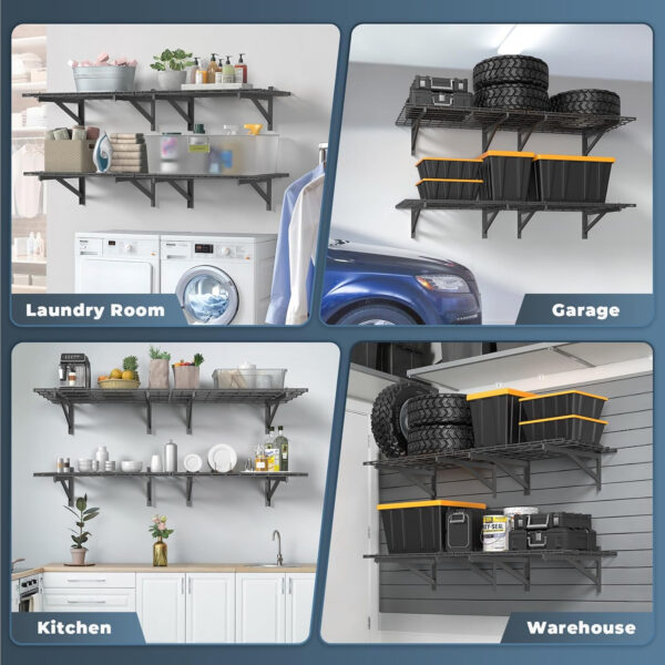 68883223def91eff7a29e46532416f001fd6990a8e973ee7d5f7f.jpg 4 Pack Heavy Duty Garage Wall Shelving Set (2x3ft), Wall Mounted Garage Shelves 1000lbs Capacity, 24"x72" Shelf Storage Rack Floating Shelves, Black