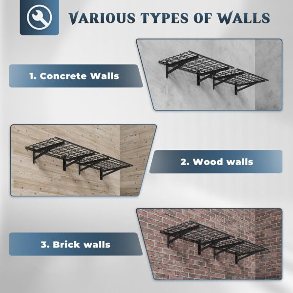 6888322d61787868c56411af0ec2321f340dc4e42a3cfb46e9e17.jpg 4 Pack Heavy Duty Garage Wall Shelving Set (2x3ft), Wall Mounted Garage Shelves 1000lbs Capacity, 24"x72" Shelf Storage Rack Floating Shelves, Black