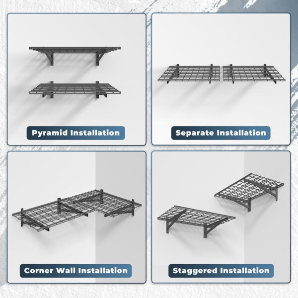 68883233df8151dacc8a4a4b0fb87ea172d283c460646a08fbb96.jpg 4 Pack Heavy Duty Garage Wall Shelving Set (2x3ft), Wall Mounted Garage Shelves 1000lbs Capacity, 24"x72" Shelf Storage Rack Floating Shelves, Black