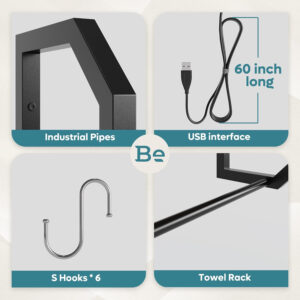 Bestier LED Gaming Floating Shelves, 34" Wall Mounted Shelf Pipe Shelves Hanging Display Rack Bookshelf with 6 S-Hook, Gaming Room Decor Wine Coffee Bar, Black Carbon Fiber