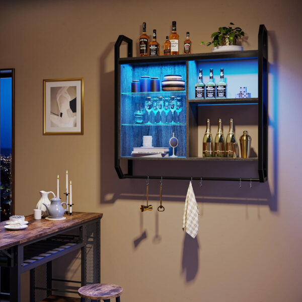 Bestier LED Gaming Floating Shelves, 34" Wall Mounted Shelf Pipe Shelves Hanging Display Rack Bookshelf with 6 S-Hook, Gaming Room Decor Wine Coffee Bar, Black Carbon Fiber