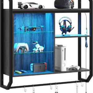 Bestier LED Gaming Floating Shelves, 34" Wall Mounted Shelf Pipe Shelves Hanging Display Rack Bookshelf with 6 S-Hook, Gaming Room Decor Wine Coffee Bar, Black Carbon Fiber