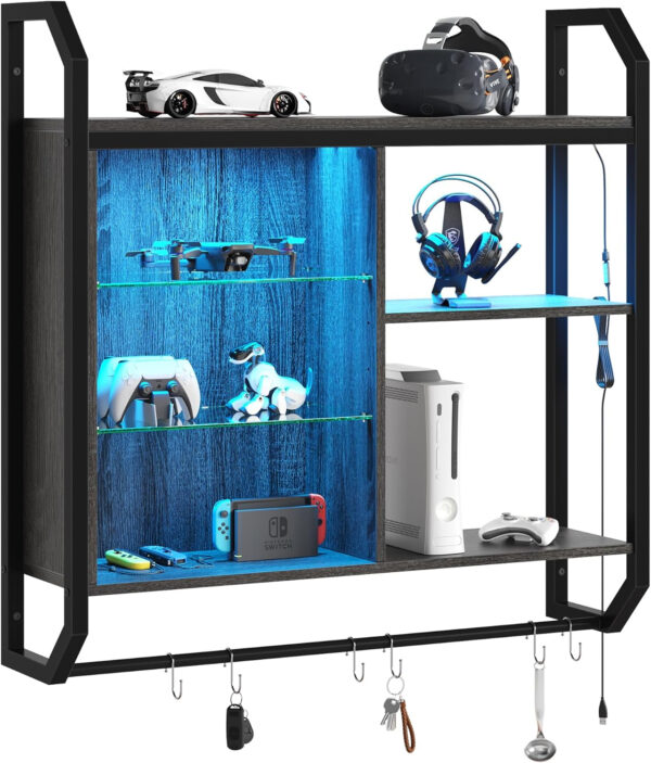 Bestier LED Gaming Floating Shelves, 34" Wall Mounted Shelf Pipe Shelves Hanging Display Rack Bookshelf with 6 S-Hook, Gaming Room Decor Wine Coffee Bar, Black Carbon Fiber