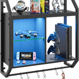 Bestier LED Gaming Floating Shelves, 34" Wall Mounted Shelf Pipe Shelves Hanging Display Rack Bookshelf with 6 S-Hook, Gaming Room Decor Wine Coffee Bar, Black Carbon Fiber