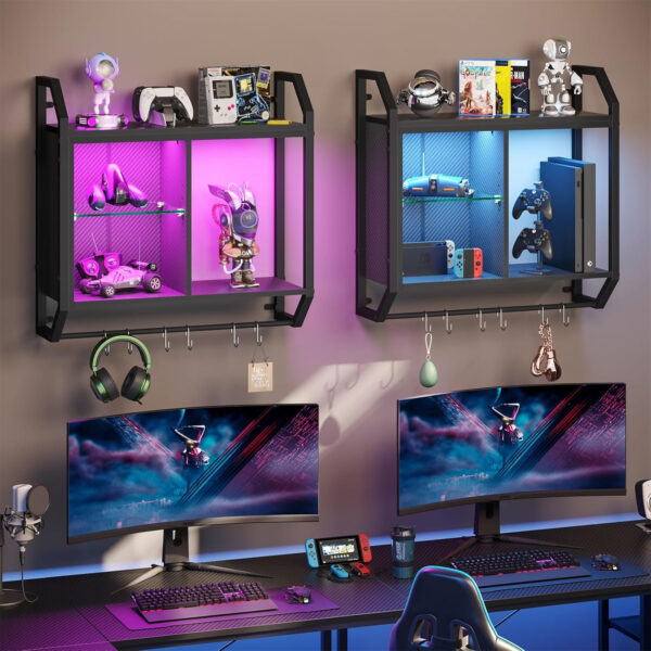 Bestier LED Gaming Floating Shelves, 34" Wall Mounted Shelf Pipe Shelves Hanging Display Rack Bookshelf with 6 S-Hook, Gaming Room Decor Wine Coffee Bar, Black Carbon Fiber