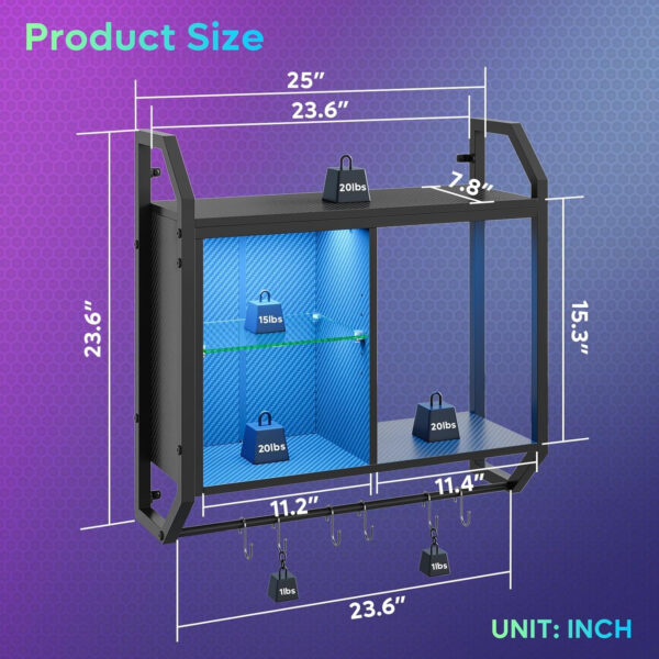 Bestier LED Gaming Floating Shelves, 34" Wall Mounted Shelf Pipe Shelves Hanging Display Rack Bookshelf with 6 S-Hook, Gaming Room Decor Wine Coffee Bar, Black Carbon Fiber