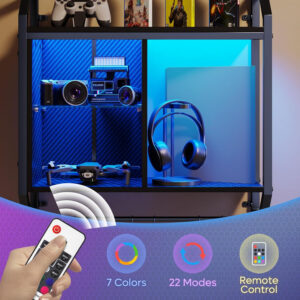 Bestier LED Gaming Floating Shelves, 34" Wall Mounted Shelf Pipe Shelves Hanging Display Rack Bookshelf with 6 S-Hook, Gaming Room Decor Wine Coffee Bar, Black Carbon Fiber