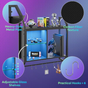 Bestier LED Gaming Floating Shelves, 34" Wall Mounted Shelf Pipe Shelves Hanging Display Rack Bookshelf with 6 S-Hook, Gaming Room Decor Wine Coffee Bar, Black Carbon Fiber