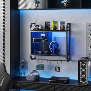 Bestier LED Gaming Floating Shelves, 34" Wall Mounted Shelf Pipe Shelves Hanging Display Rack Bookshelf with 6 S-Hook, Gaming Room Decor Wine Coffee Bar, Black Carbon Fiber