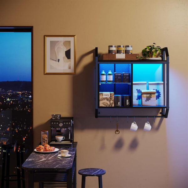 Bestier LED Gaming Floating Shelves, 34" Wall Mounted Shelf Pipe Shelves Hanging Display Rack Bookshelf with 6 S-Hook, Gaming Room Decor Wine Coffee Bar, Black Carbon Fiber