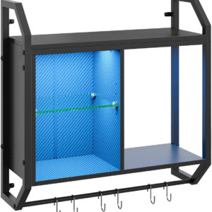 Bestier LED Gaming Floating Shelves, 34" Wall Mounted Shelf Pipe Shelves Hanging Display Rack Bookshelf with 6 S-Hook, Gaming Room Decor Wine Coffee Bar, Black Carbon Fiber