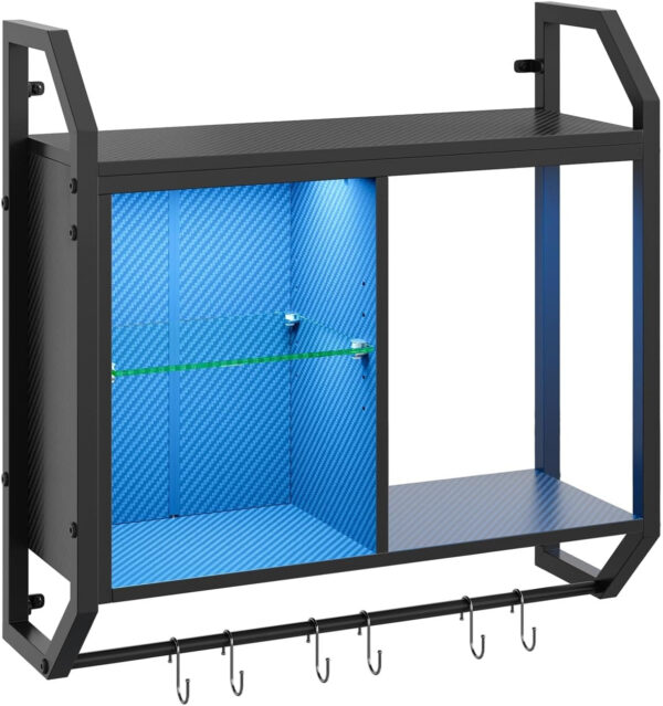 Bestier LED Gaming Floating Shelves, 34" Wall Mounted Shelf Pipe Shelves Hanging Display Rack Bookshelf with 6 S-Hook, Gaming Room Decor Wine Coffee Bar, Black Carbon Fiber