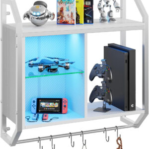 Bestier LED Gaming Floating Shelves, 34" Wall Mounted Shelf Pipe Shelves Hanging Display Rack Bookshelf with 6 S-Hook, Gaming Room Decor Wine Coffee Bar, Black Carbon Fiber