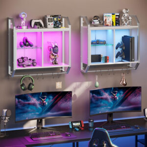 Bestier LED Gaming Floating Shelves, 34" Wall Mounted Shelf Pipe Shelves Hanging Display Rack Bookshelf with 6 S-Hook, Gaming Room Decor Wine Coffee Bar, Black Carbon Fiber