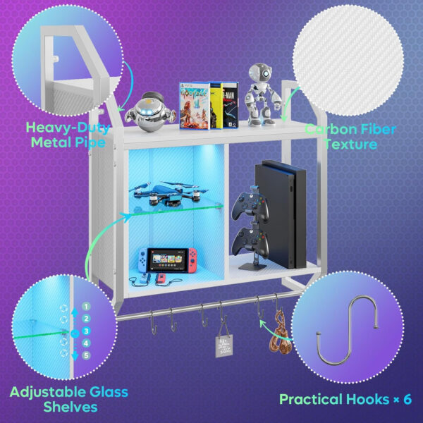 Bestier LED Gaming Floating Shelves, 34" Wall Mounted Shelf Pipe Shelves Hanging Display Rack Bookshelf with 6 S-Hook, Gaming Room Decor Wine Coffee Bar, Black Carbon Fiber