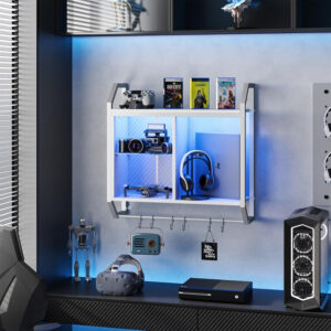 Bestier LED Gaming Floating Shelves, 34" Wall Mounted Shelf Pipe Shelves Hanging Display Rack Bookshelf with 6 S-Hook, Gaming Room Decor Wine Coffee Bar, Black Carbon Fiber