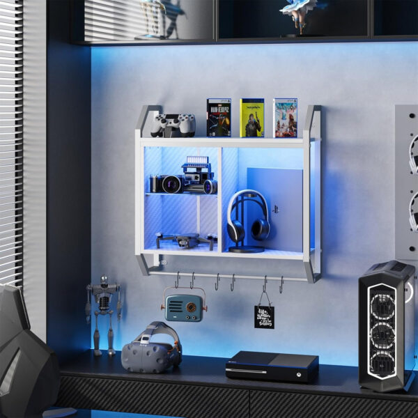 Bestier LED Gaming Floating Shelves, 34" Wall Mounted Shelf Pipe Shelves Hanging Display Rack Bookshelf with 6 S-Hook, Gaming Room Decor Wine Coffee Bar, Black Carbon Fiber