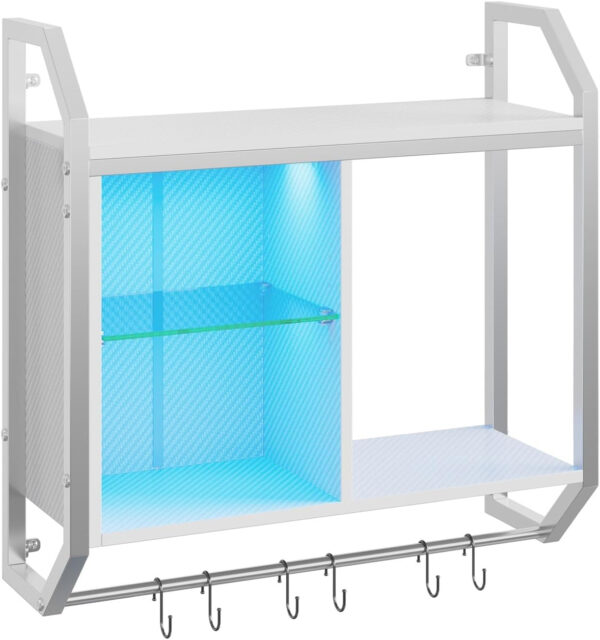 Bestier LED Gaming Floating Shelves, 34" Wall Mounted Shelf Pipe Shelves Hanging Display Rack Bookshelf with 6 S-Hook, Gaming Room Decor Wine Coffee Bar, Black Carbon Fiber