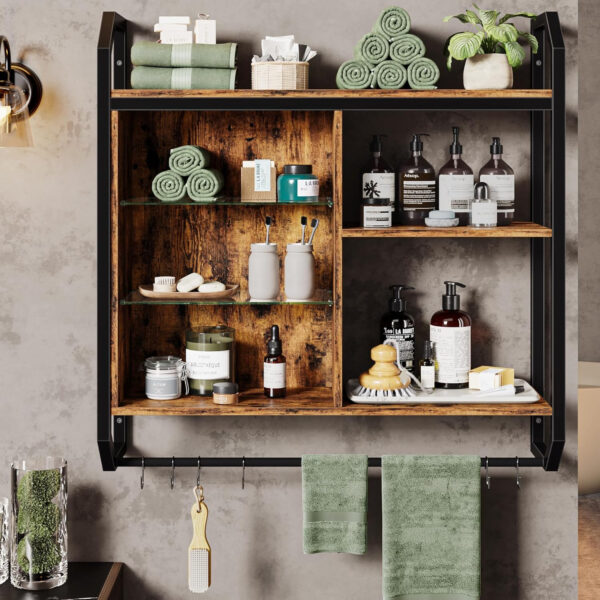 Bestier LED Gaming Floating Shelves, 34" Wall Mounted Shelf Pipe Shelves Hanging Display Rack Bookshelf with 6 S-Hook, Gaming Room Decor Wine Coffee Bar, Black Carbon Fiber