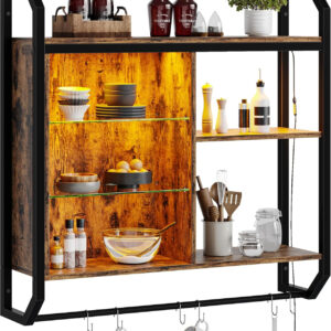 Bestier LED Gaming Floating Shelves, 34" Wall Mounted Shelf Pipe Shelves Hanging Display Rack Bookshelf with 6 S-Hook, Gaming Room Decor Wine Coffee Bar, Black Carbon Fiber